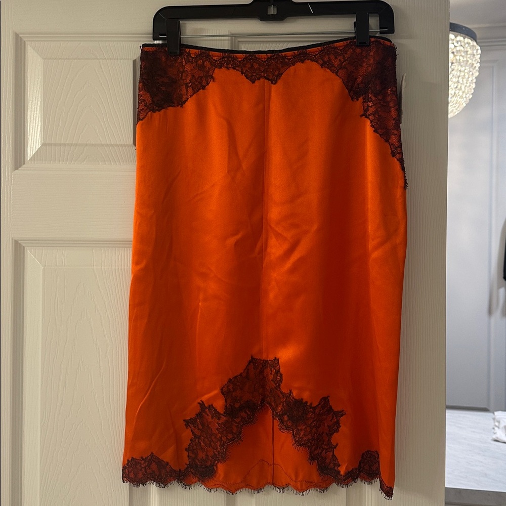 NWT $595 Rag & Bone Vibrant Orange Silk Pencil Midi Skirt with Black Lace
